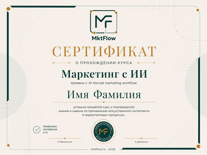 Сертификат MktFlow о прохождении курса «Маркетинг с ИИ»